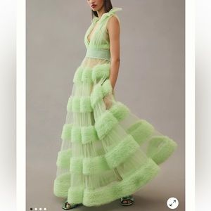 Anthropologie Green Tiered Ruffled Halter Gown